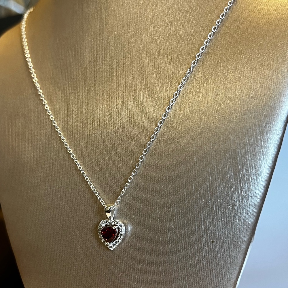 Sterling silver Red  Heart-shaped Gemstone necklace